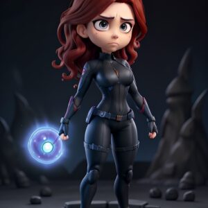 3D_Animation_Style_Miniaturized_Black_widow_standing_holding_s_0